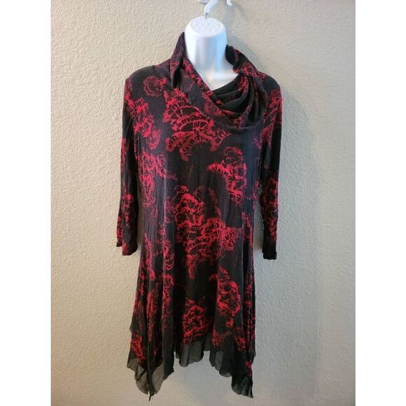 Cable And Gauge Women's Black Red Abstract Cowl Neck 3/4 Sleeve Dress Medium - Picture 1 of 5